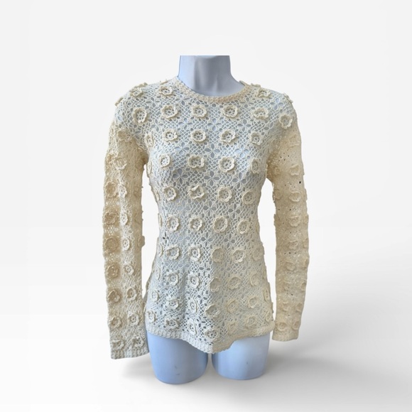 Elegant Cream Crochet Wool Knit Top ivory stretch semi sheer long sleeve cottage - Picture 2 of 8